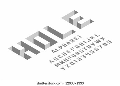 Hole - isometric 3d font design, three-dimensional alphabet letters and numbers vector illustration