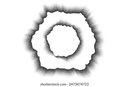 Agujero hecho de punto ruidoso punteado en papel blanco, papel de efecto quemado granulado, fondo de dimensión portal