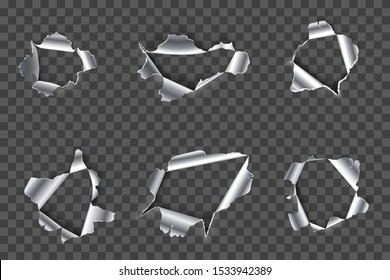 Hole in metal. Ripped steel, ragged metals holes and crack in metallic material realistic 3D vector set. Fractured silver metallic gaps on transparent background. Damaged iron cliparts collection