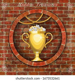Agujero en una vieja pared de ladrillo. En el interior hay un jarrón dorado con tesoros - diamantes, monedas de oro y otras joyas. Ilustración del vector