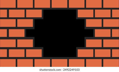 Hole on damaged brick wall. Orange block background.