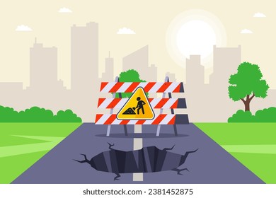 hole on the road. repair work on the highway. flat vector illustration.