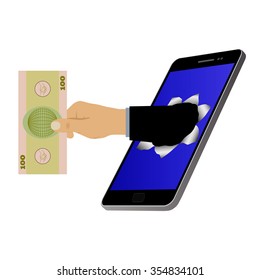 Hole on the screen and hand with banknote. Mobile marketing and online shopping. Purchase and delivery.