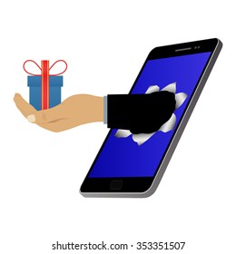 Hole on the screen and hand with a gift (with a box). Online shopping and mobile marketing. Purchase and delivery.