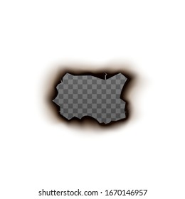 Hole on white paper surface with black burnt edge photo realistic vector mockup illustration isolated on transparent background. Template of original burnt in fire frame.