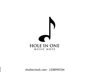 Hole in one music note. Unique logo combining golf ball and music note with using negative space on note as hole.