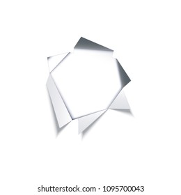 Hole in paper sheet with torn ripped silver edges. Notebook sheet page with ripped edges with holes opening white background. Vector flat illustration isolated for your design.