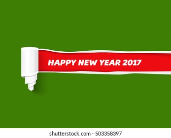 Hole in paper with torn sides as New Year background. Red teared paper edge isolated on green background for Merry Christmas promo and advertising. 