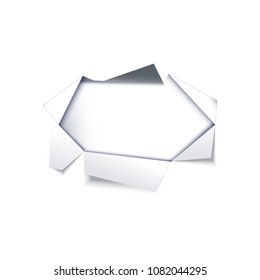Hole in paper white sheet with torn ripped silver edges. Notebook sheet page with ripped edges with holes opening white background. Vector flat illustration isolated for your design.