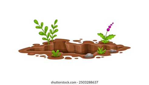 Hole pit in ground, deep dirty burrow in soil earth with stones and plants, cartoon vector. Dig pit hole hollow or underground burrow of groundhog and mole rodent animal in garden or forest ground