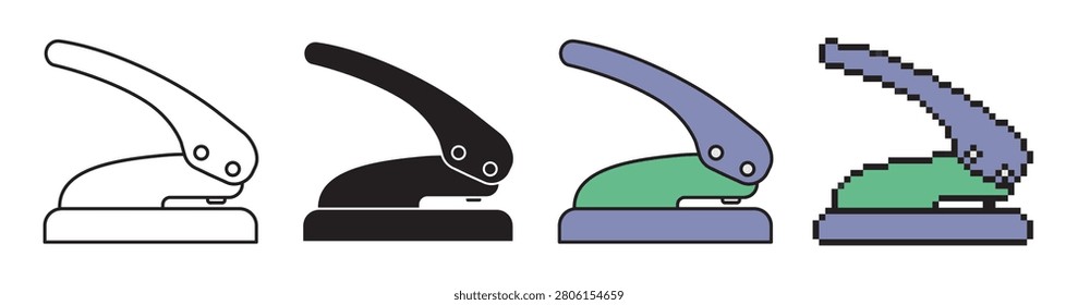 Hole punch vector icon set in four variations: linear outline, solid black glyph, colorful flat design, and pixel art. Stationery and school supply icons isolated on white background.