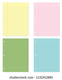 Hole punched colored filler paper sheets with margin, vector mockup. Lined letter format writing pads for 3 ring binder isolated on white background, template