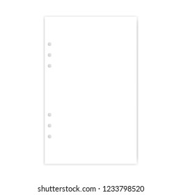 Hole punched white filler paper sheet, vector mockup. Junior legal size blank writing pad for ring binder, template