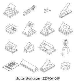 Hole puncher icons set. Isometric set of hole puncher vector icons outline on white thin line collection