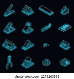 Hole puncher icons set. Isometric set of hole puncher vector icons neon olor on black