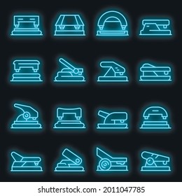 Hole puncher icons set. Outline set of hole puncher vector icons neon color on black