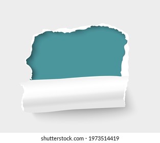 Hole with ripped edges and rolled side in white paper sheet realistic vector illustration with copyspace. Advertising banner or poster design element.