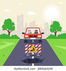 hole in the road. repair work on the track. flat vector illustration.