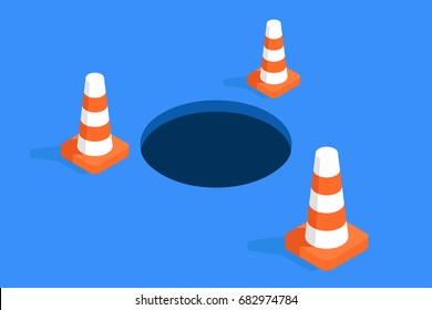 Hole Safety Fences Of Road Cone, Concept Of Communal And Technical Work, Isometric Flat Vector Illustration
Hole Fenced Orange Road Cones Isometric Flat Vector Illustration
 