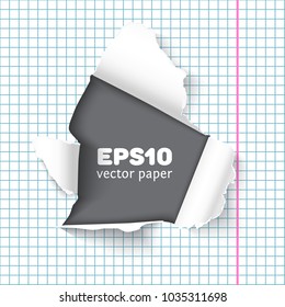Hole in sheet of looseleaf paper, realistic vector. Back to school concept