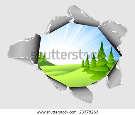 Hole in the sheet of paper - into summer landscape