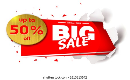 hole in the sheet of paper.banner template design. Big sale up to 50% off.