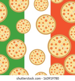 Hole tomato, mushroom and basil pizza over Italy national flag seamless pattern vector illustration