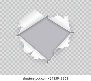 Hole in torn paper rolled on grey backdrop realistic vector illustration. Damaged sheet with curves edges 3d object on transparent background