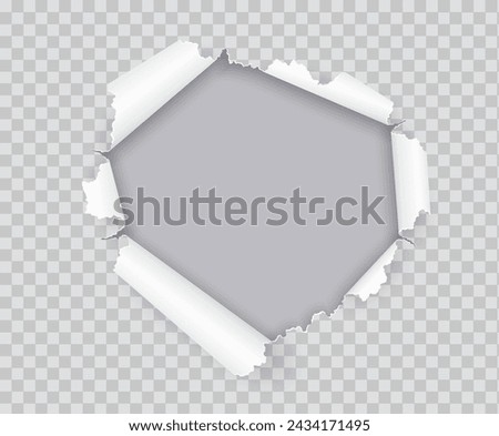 Hole in torn paper rolled on grey backdrop realistic vector illustration. Damaged sheet with curves edges 3d object on transparent background