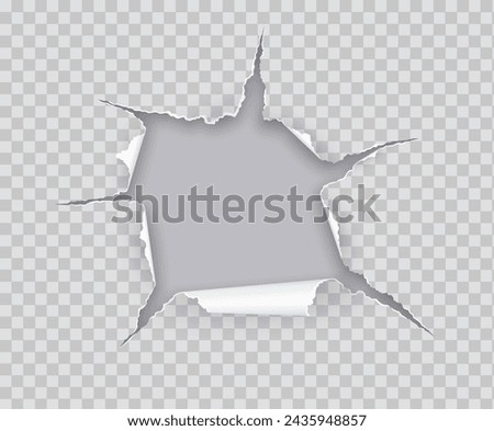 Hole in torn paper rolled on grey backdrop realistic vector illustration. Damaged sheet with curves edges 3d object on transparent background