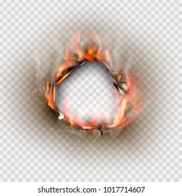 Hole torn in ripped paper and burnt   flame transparent background
