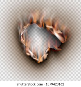 Hole torn in ripped paper with burnt and flame on transparent background