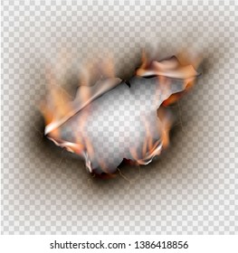 Hole torn in ripped paper with burnt and flame on transparent background