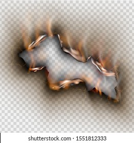 Hole torn in ripped paper with burnt and flame on transparent background