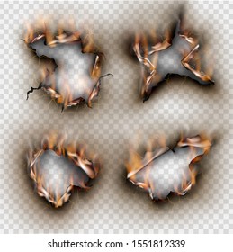 Hole torn in ripped paper with burnt and flame on transparent background