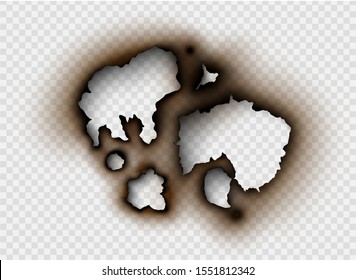 Hole torn in ripped paper with burnt and flame on transparent background
