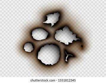 Hole torn in ripped paper with burnt and flame on transparent background