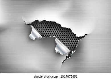 Hole torn in ripped steel on metal background