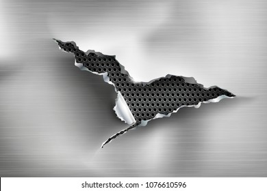 Hole torn in ripped steel on metal background