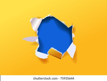 Hole In Torn Vector Bullet Textured Yellow Paper With Ragged Edges With A Space For Your Message