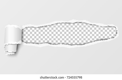 Hole torn in white paper with paper curl. The resulting window has transparent background. Vector illustration.