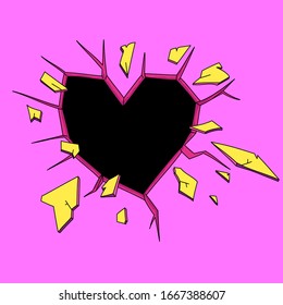 Hole in the wal in the shape of heartl. Comics style. Hand drawn vector illustration