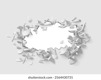 Hole in wall, isolated realistic broken effect with falling plaster and bricks, cracks and fractures of barrier. Vector crashed or demolished panel revealing copy space empty place or breach