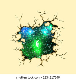 A hole in the wall from which you can see the starry sky. Magic hole. Vector illustration