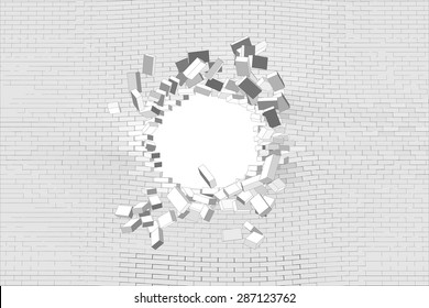 Hole in white brick wall. Vector illustration