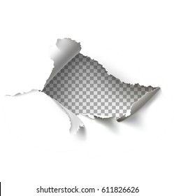 Hole in white paper on white background. Vector illustration. Can be use for template your design, promotion, advertising.