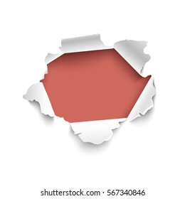 Hole in white paper with red background. Vector illustration. Banner with space for text. Realistic torn paper vector isolated on white background. Curled sides with ripped edges. 