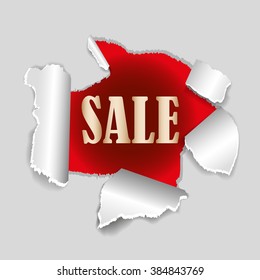 Hole in white paper with torn sides over red textured paper background with space for text. Realistic vector torn paper with ripped edges. Torn paper banner for web and print advertising.