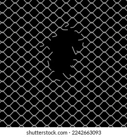 Hole in wire mesh of steel fence vector illustration. 3d realistic torn metal chains of net cage or construction barrier, broken boundary iron wires and chainlink of prison or metallic safety border.