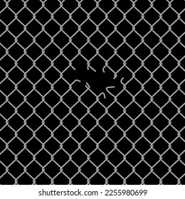 Hole in wire mesh of steel fence vector illustration. 3d realistic torn metal chains of net cage or construction barrier, broken boundary iron wires and chainlink of prison or metallic safety border.